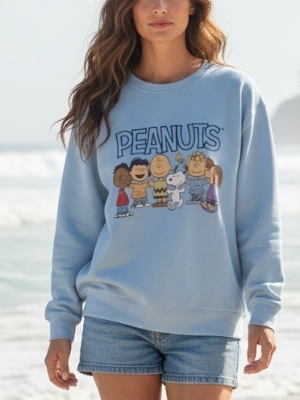 Peanuts - Lite Blue, Long Sleeve, Sweatshirt.The Whole Gang is Here,Fleece Lined